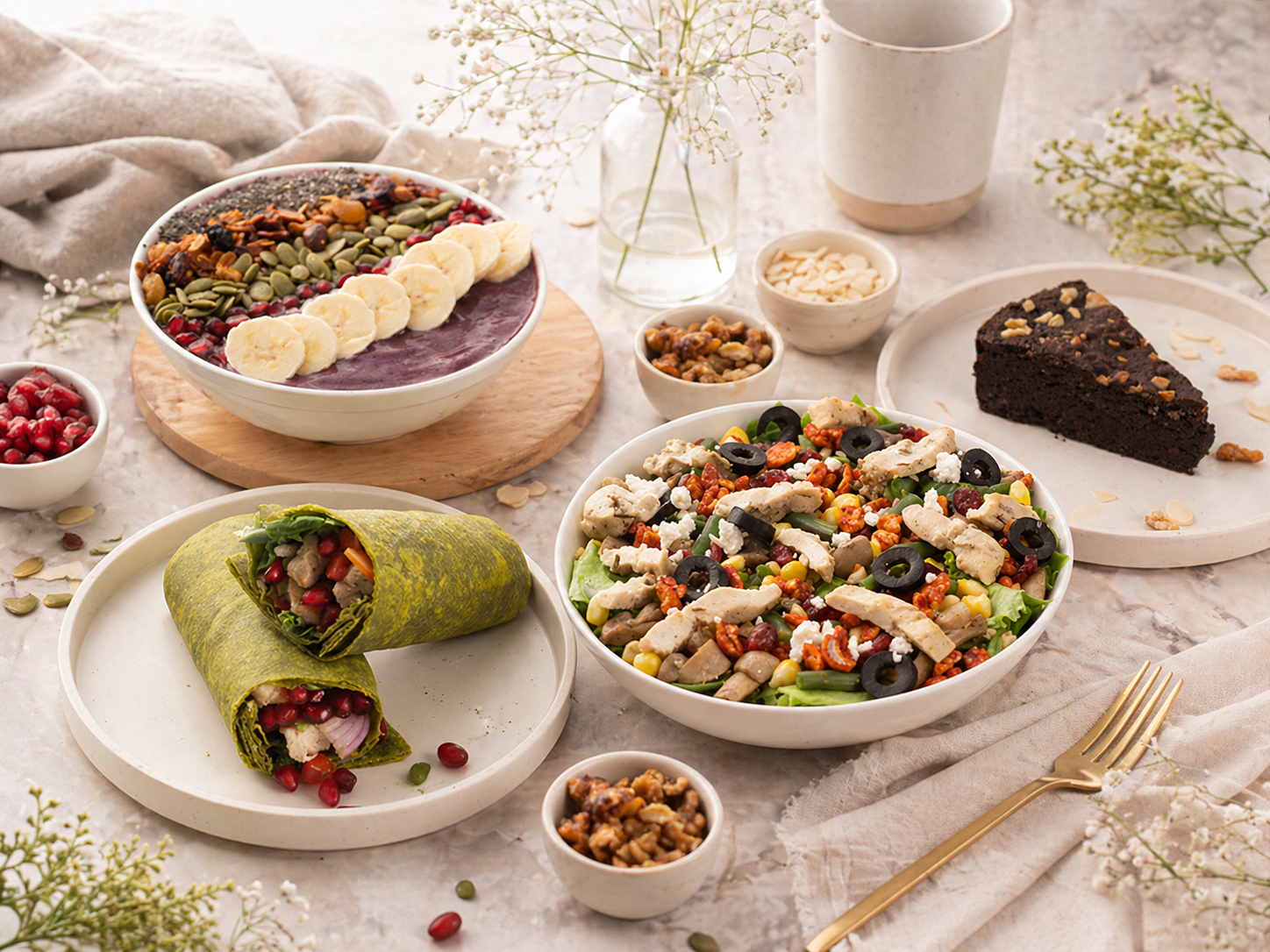 A spread of fresh wholesome bowls, wraps and salads